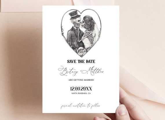 Skull Save the Date Template, Gothic, Skeleton, Skull Bride Groom, Spooky, Halloween, moody, black, Witchy, Dark Wedding, Till Death