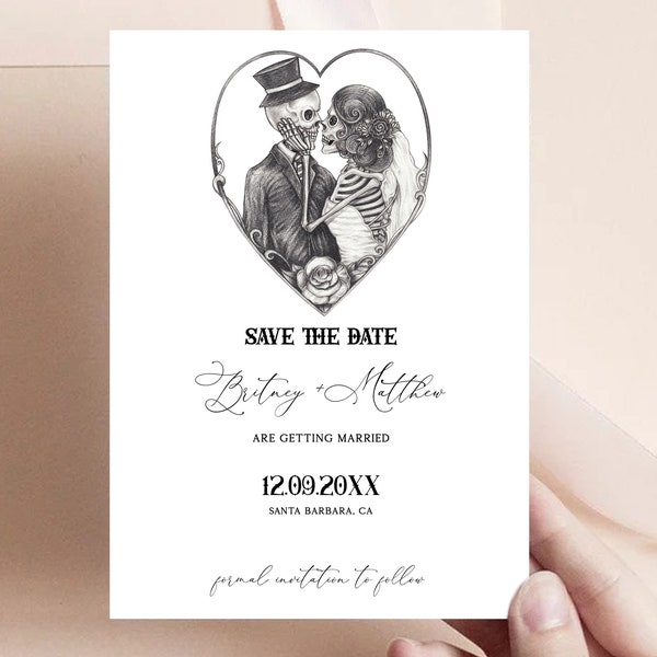 Skull Save the Date Template, Gothic, Skeleton, Skull Bride Groom, Spooky, Halloween, moody, black, Witchy, Dark Wedding, Till Death