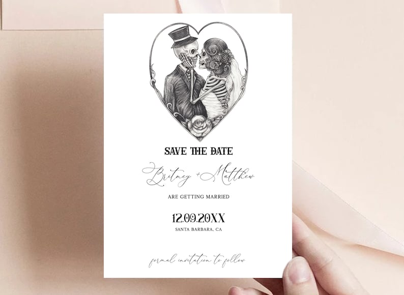 Skull Save the Date Template, Gothic, Skeleton, Skull Bride Groom, Spooky, Halloween, moody, black, Witchy, Dark Wedding, Till Death