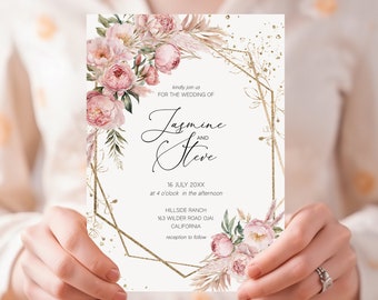 Puede incluir: Invitación de boda con un marco geométrico dorado y un diseño floral rosa. El texto dice "únase a nosotros para la boda de Jasmine y Steve, el 16 de julio de 20XX a las 4 de la tarde, Hillside Ranch, 163 Wilder Road Ojai, California, recepción a continuación."