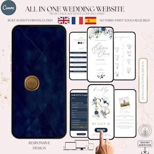 Può includere: Un design di sito web di matrimonio blu navy visualizzato su più smartphone. Il design include un modulo RSVP, dettagli del matrimonio e un tema floreale. Il testo include "ALL IN ONE WEDDING WEBSITE" e "RSVP".