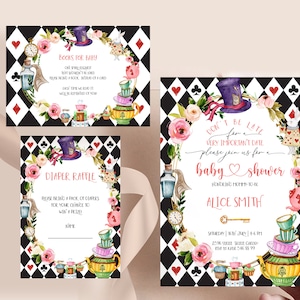 Alice in Wonderland Babyshower Set, Mad Tea Party Baby Shower, Printable Alice, Alice in Wonderland Template, Diaper Raffle, Books for Baby