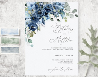 Blue Navy Flowers wedding invitation, wedding invitation Template, Editable Blue Navy Wedding invite Template, Instant Download Invitation