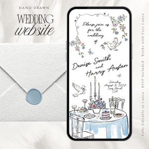 May include: A smartphone displaying a hand-drawn wedding website invitation featuring doves, floral vines, and a table setting with cake and wine. The text reads: Please join us for the wedding of Denise Smith and Harry Austen, Saturday August 16 2028, Long Beach CA.