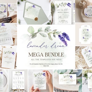 Greenery Lavender Wedding Invitation Template, Boho Wedding Invite, Purple Wedding Invitation, Lilac Invitation, Mega Bundle
