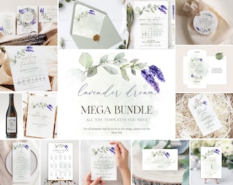 Groen Lavendel Bruiloft Uitnodiging Sjabloon, Boho Bruiloft Uitnodiging, Paarse Bruiloft Uitnodiging, Lila Uitnodiging, Mega Bundel