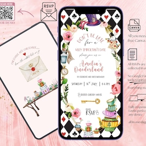 May include: Digital invitation on a smartphone screen with an Alice in Wonderland theme. The design features floral accents, a teapot, and the text "Don't be late for a very important date". A second screen shows a matching design.