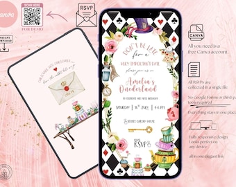 Plantilla de sitio web para cumpleaños de Alicia en el País de las Maravillas, sitio web de RSVP editable en Canva, primer cumpleaños de Alicia en el País de las Maravillas, Fiesta del Té Loco