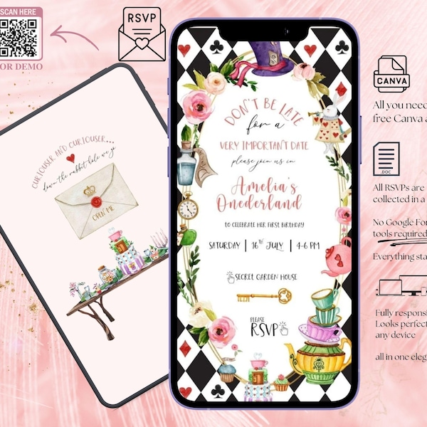 Alice im Wunderland Geburtstag Website Vorlage, Canva Bearbeitbare Antwortwebsite, Alice im Wunderland 1 Geburtstag, Mad Tea Party