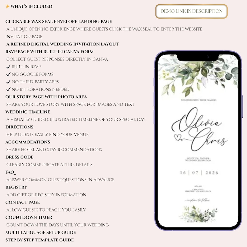 Greenery Canva Wedding Website Template with Trackable RSVP Link, Clickable RSVP, Canva Website Template, Countdown, Details, Multilingual, Opening Envelope, Wax Seal