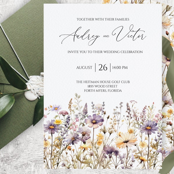 Purple Wildflower Wedding invitation template, Wedding Reception, Spring Flowers, Spring Wedding, Evening Wedding Reception Party Invitation