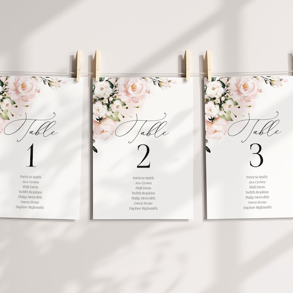 Blush Pink Wedding Table Number Template, Wedding Seating Chart, Seating Plan, Seating Cards Download, Printable Seat Chart, Pink Table Card