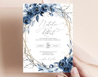 Navy Wedding Invitation Template, Blue Roses Invite, Navy Wedding, Navy Flowers, Navy and Gold Invite, Editable, Printable, Instant Download