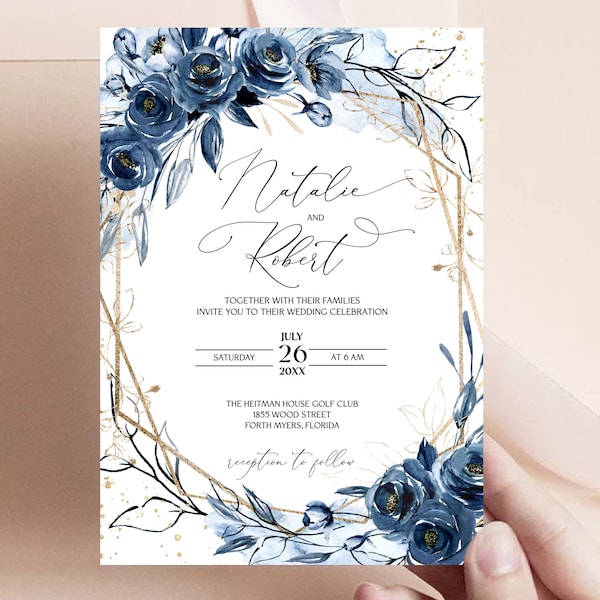 Navy Wedding Invitation Template, Blue Roses Invite, Navy Wedding, Navy Flowers, Navy and Gold Invite, Editable, Printable, Instant Download