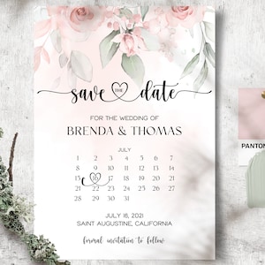 Kalender Save the Date Vorlage, Save the Date Einladungsvorlage, Floral, HochzeitSankündigung, Pink Save The Date, Evite, Herz Schrift