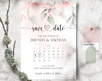 Calendar Save The Date Template, Save the Date Invitation Template, Floral, Wedding announcement, Pink Save The Date, Evite, Heart Font