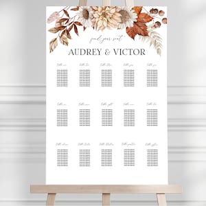 May include: A white wedding seating chart on an easel, featuring the names "Audrey & Victor" and table assignments. The top of the chart is decorated with watercolor floral elements in shades of brown, beige, and orange.
