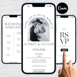 Puede incluir: Tres teléfonos inteligentes que muestran gráficos con temática de boda. El teléfono central muestra una foto en blanco y negro de una pareja, con el texto "Audrey & Victor" y detalles de la boda. Los otros teléfonos muestran una línea de tiempo de la boda e información de RSVP.