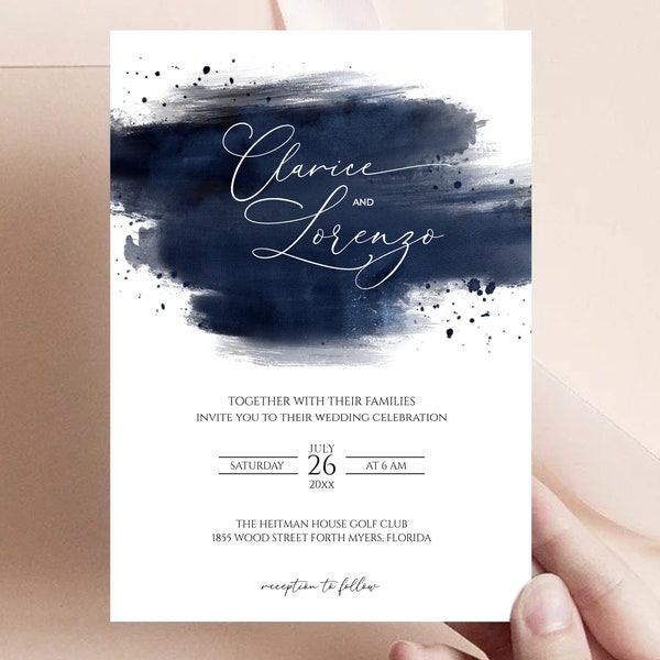 Navy Brush Stroke Invitation, Navy Wedding Invitation Template, Navy Wedding, ındigo Invitation Editable, Printable, Instant Download