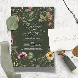 Wildflower Wedding invitation template, Forest invitation, Spring Flowers, Spring Wedding, sage green, Nature lover, Botanical Wildflower