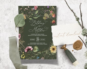 Wildflower Wedding invitation template, Forest invitation, Spring Flowers, Spring Wedding, sage green, Nature lover, Botanical Wildflower