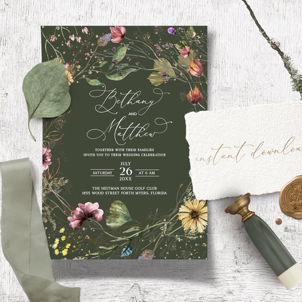 Wildflower Wedding invitation template, Forest invitation, Spring Flowers, Spring Wedding, sage green, Nature lover, Botanical Wildflower