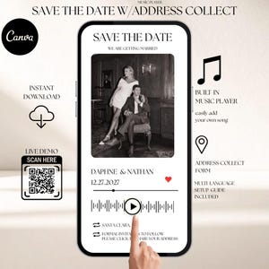 Music Player Save the Date Website, Adress Collect, Add Song, Playlist, Musical, Digital Evite, Wedding Video, Animated, Online, Minimalist