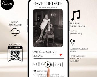 Reproductor de música, sitio web para guardar la fecha, recopilar direcciones, agregar canción, lista de reproducción, musical, digital, Evite, video de boda, animado, en línea, minimalista