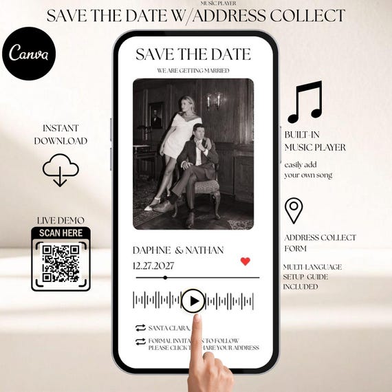 Music Player Save the Date Website, Adress Collect, Add Song, Playlist, Musical, Digital Evite, Wedding Video, Animated, Online, Minimalist