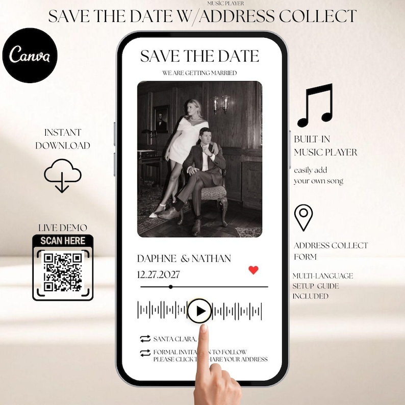 Music Player Save the Date Website, Adress Collect, Add Song, Playlist, Musical, Digital Evite, Wedding Video, Animated, Online, Minimalist