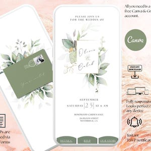 Puede incluir: Diseño de invitación de boda digital que se muestra en dos teléfonos inteligentes. El diseño presenta vegetación de acuarela, los nombres Olivia y Caleb y los detalles del evento. Texto: "All RSVPs are collected via Google Forms."