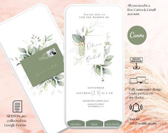 Green Canva Wedding Website Template with Trackable RSVP, Editable, Elegant, Minimalist, Neutral, Responsive, Framer, Greenery, Timeline