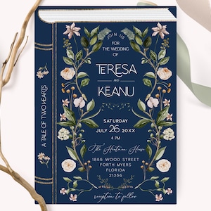 Book Cover Wedding Invitation Template, Literary Book Invite, Book Theme Wedding, Literary Book Invite, Library Wedding Invitation, navy