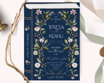 Book Cover Wedding Invitation Template, Literary Book Invite, Book Theme Wedding, Literary Book Invite, Library Wedding Invitation, navy