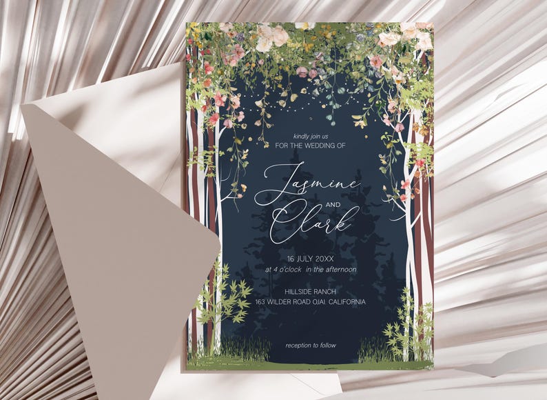 Enchanted Forest Wedding Invitation, Mountain Wedding Invitation Template, Woodland Wedding, Pine Forest, Starry Night Wedding