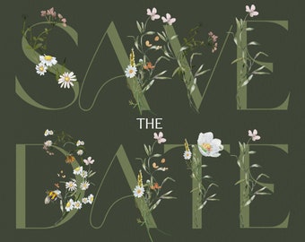 Wild Flowers Save the Date Template, Forest Save the Date, Greenery Letters, Sage Green, daisy save the date, Forest Green, enchanted