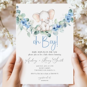 Elephant Baby Shower Invitation, Baby Boy, Boho Elephant Baby Boy, Boy Elephant Invite, Elephant baby Boy Shower, Greenery and Elephant