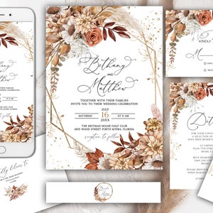 Suite de faire-part de mariage automne automne, feuilles d'automne, faire-part automne, orange brûlé, tournesols, terre cuite, carte rsvp, carte de réception, détails