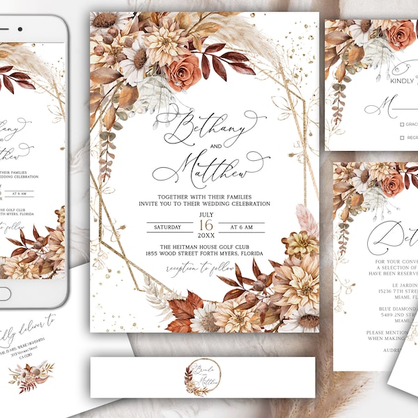 Fall Autumn Wedding Invitation Suite, Autumn Leaves, Fall Invites, Burnt Orange, Sunflowers, Terracotta, rsvp card, reception card, details