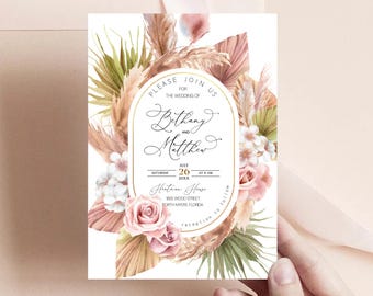 Boho Wedding Invitation, Dried Flowers, Terracotta Wedding, Dusty Pink Boho, Muted, Pampas Invitation, Boho ınvitation DIY, earthy, autumn