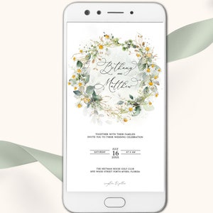 Invito per smartphone, invito elettronico per matrimonio con margherite, invito via SMS, fiori gialli, invito digitale, invito mobile, invito per matrimonio estivo