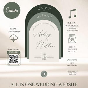 May include: A wedding website template with a modern design. The design features a central arch with the names "Audrey and Nathan" and wedding details. Includes a QR code, music player, RSVP form, and countdown timer. The text "ALL IN ONE WEDDING WEBSITE" is at the bottom.