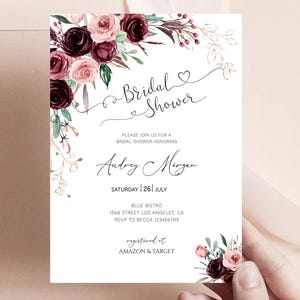 Burgundy Bridal Shower invitation Template, Bridal Shower Invite, Burgundy Bridal, Download Bridal Shower, Invitation Download, Soft Pink