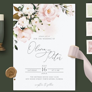 Blush Pink Wedding Invitation, Soft Pink, Watercolor, Elegant Pink Floral, Floral Invite , Instant Download, Romantic, Royal