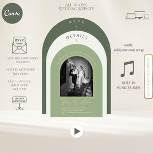 Op de afbeelding: Een sjabloon voor een trouwwebsite met een groen en wit ontwerp. Het ontwerp bevat de tekst "ALL-IN-ONE WEDDING WEBSITE", "RSVP" en "DETAILS". Een zwart-witfoto van een stel staat in het midden. De sjabloon bevat een ingebouwde muziekspeler.