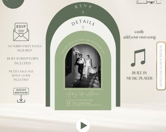 Sage Green Arch bröllopshemsida, spårbar OSA, allt-i-ett-inbjudan, Arch-inbjudningar, gamla pengar, lägg till musik, enkel webbplats