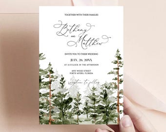 Pine Forest Wedding Invitation, Mountain Wedding Invitation Template, Woodland Wedding, Watercolor wedding invite, Outdoor wedding invite