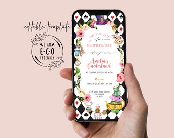 Alice in Wonderland E-vite, Alice in Onederland 1e verjaardag, Mad Tea Party, Alice smartphone Invite, Alice in Wonderland, digitale uitnodiging