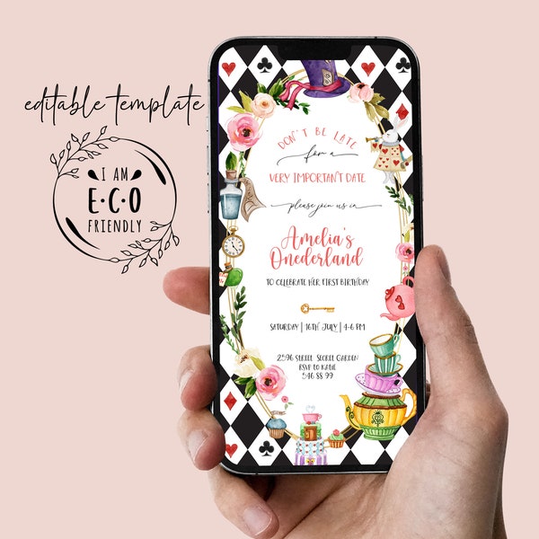 Alice in Wonderland E-vite, Alice in Onederland 1st Birthday, Mad Tea Party, Alice Smartphone Invite, Alice in Wonderland, Digital Invite