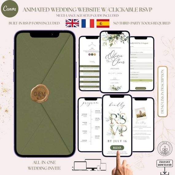 Greenery Canva Wedding Website Template with Trackable RSVP Link, Clickable RSVP, Canva Website Template, Countdown, Details, Multilingual